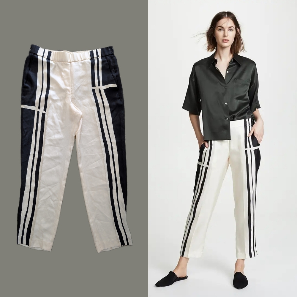Like New Theory Hans Silk Black & White Striped Straight Ankle Pants Sz 6